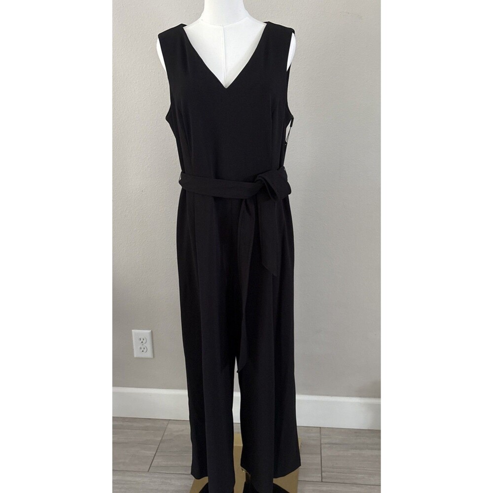 Calvin Klein Women’s Black V-Neck Sleeveless Wide-Leg Belted Jumpsuit Size 14